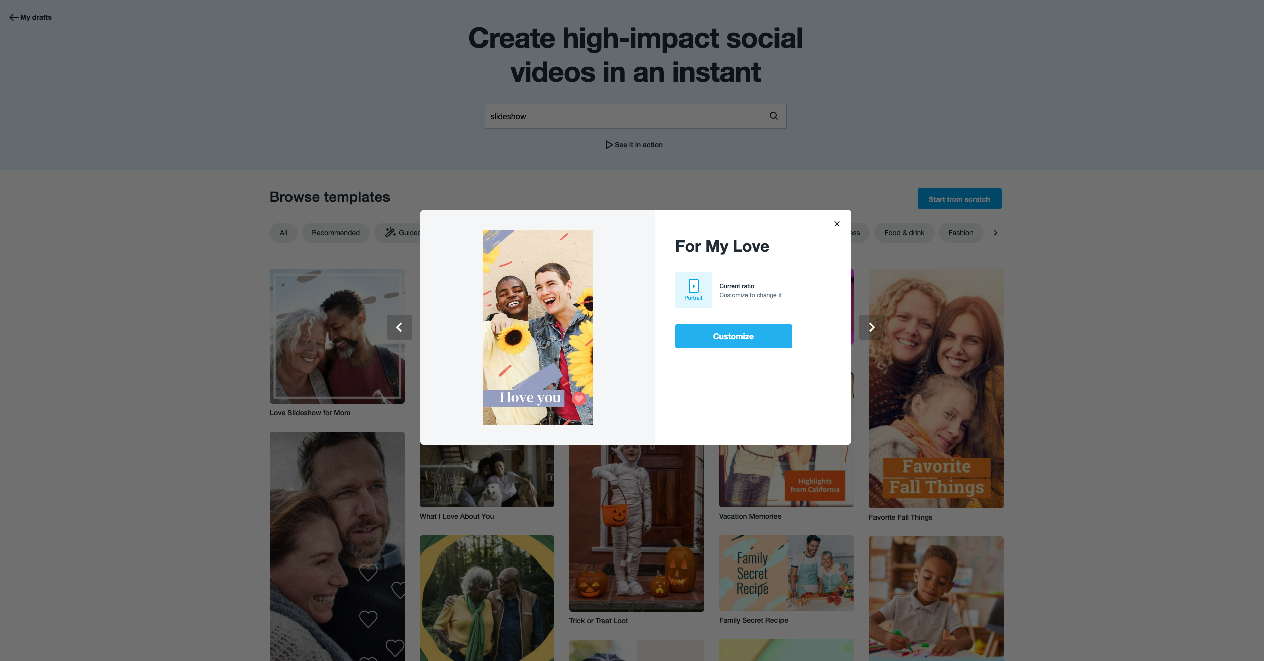 Vimeo Create video template interface 