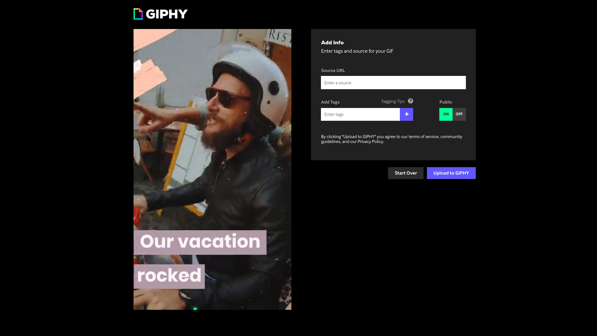 GIPHY create GIF info UI