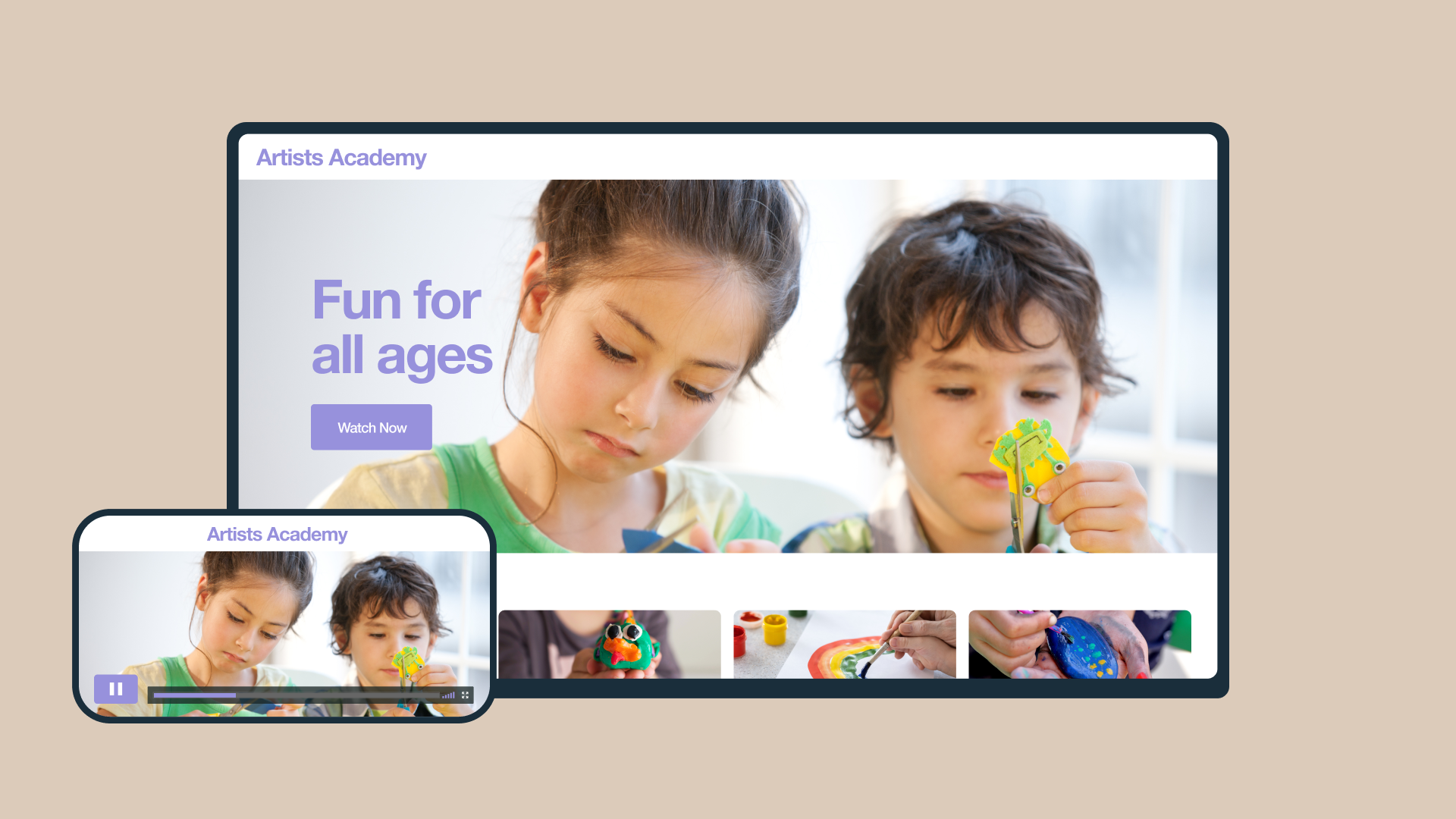 Mock up of an online membership site platform featuring children's learning content on desktop and mobile