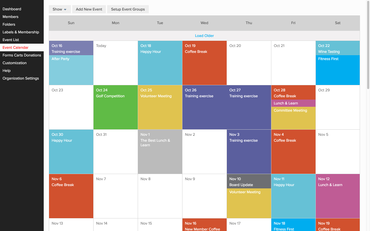 Example shot of Membership Works platform - event calendar UI for users.