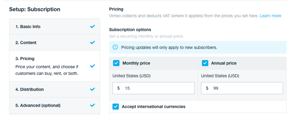 Example of Vimeo OTT membership site subscription setup. UX featuring how to update subscriber pricing.