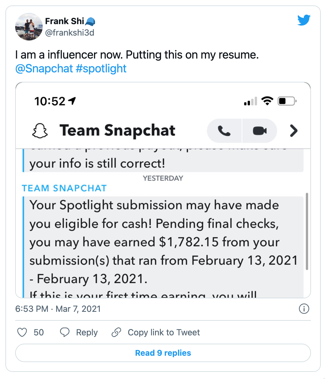 Tweet of Snapchat paying their content creators.