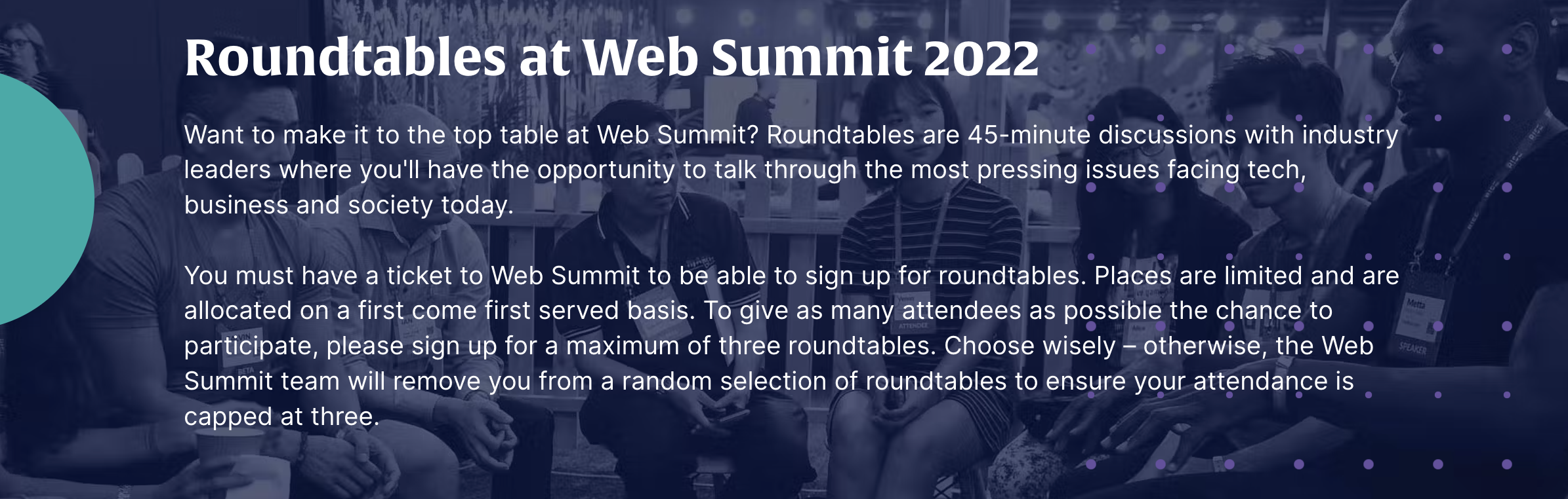Screenshot of the Web Summit's exclusive roundtable program 