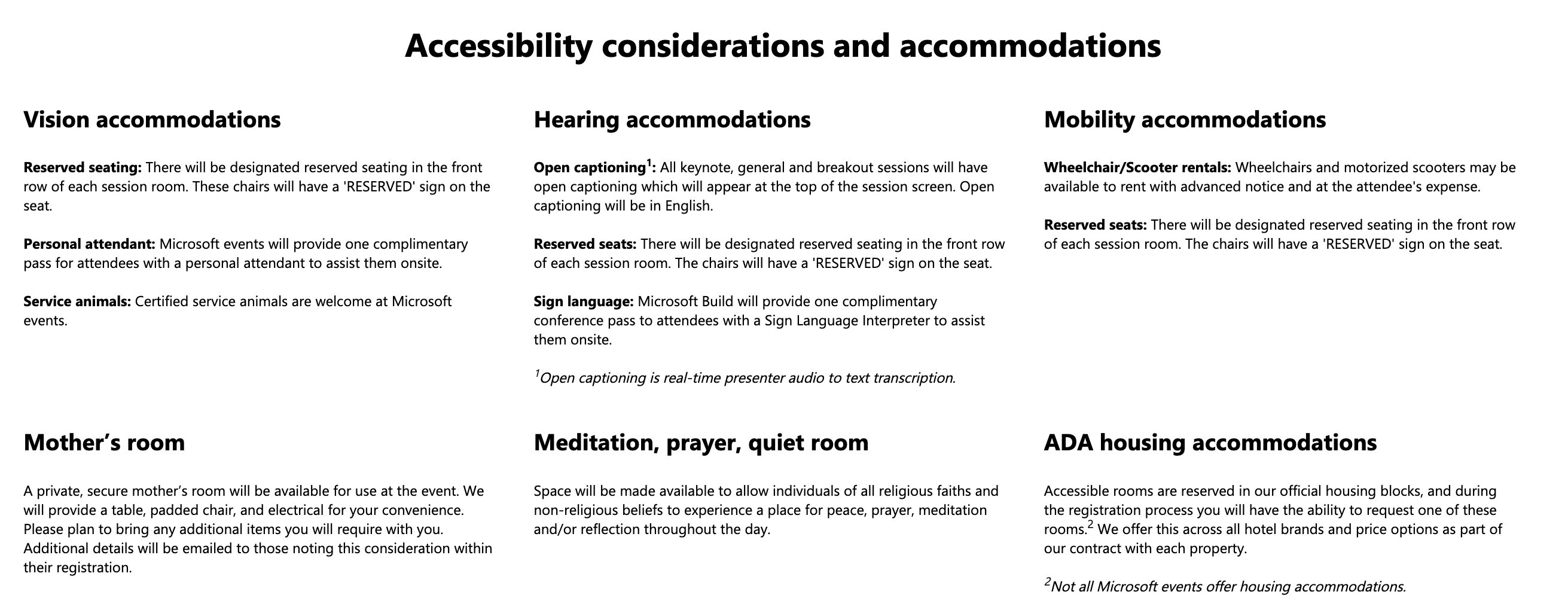 Example of accessibility offers at a Microsoft event 